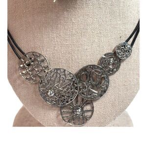 Silpada Sterling Silver Statement Necklace Art Circles Cord & Filigree Discs 17”